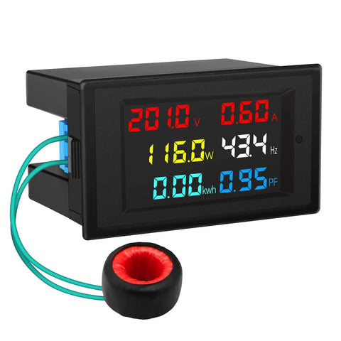 Six In One AC Meter Multimeter With Digital LCD Monitor Voltage 80 To 300V Current 0 To 100A Active Power Energy Frequency Power Factor In One Panel Volt Amp Watt Detector Readout showing digital readouts and wiring.