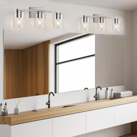 Three Light Vanity Wall Light in Brushed Nickel for Bathroom Over Mirror, Modern Metal Sconce with Glass Shade