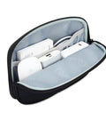 Open view of a Compact Grab And Go Travel Case Organizer for Small Electronics and Accessories Tech Gear Bag, black color.