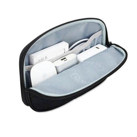 Open view of a Compact Grab And Go Travel Case Organizer for Small Electronics and Accessories Tech Gear Bag, black color.