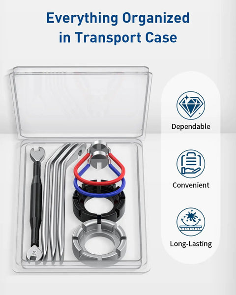All In One Bike Spoke Wrench Kit For Pros And Weekend Riders, 8 Piece Rim Truing And Tire Lever Set displayed in a clear case