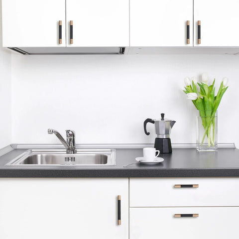 Modern kitchen with Ten Pack Knurled Cabinet Handles Center To Center Five Inch Black And Champagne Copper Kitchen Cabinet Hardware installed.