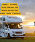 RV at sunset showcasing 2 Pack RV Waste Water Valve Handles Replacement Compatible With Camco features; matte black finish, universal T-handle.
