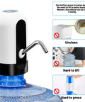 Portable USB Charged Water Pump For 3 To 5 Gallon Jugs Electric Drinking Water Dispenser For Home Kitchen Office Camping Universal Fit White No Fuss Easy Pour 2 Year Replacement Service displayed on a bottle with instructions