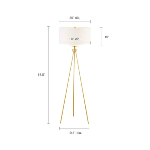 Front view of the Gold Tripod Floor Lamp With White Drum Shade Dope Modern Reading Light For Living Room Or Bedroom Tall 66.5 Inch Standing Lamp Corner Office Lighting Sleek Metal Base.