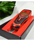 Badass Multifunctional Stud Finder Wall Scanner and Electrical Pipe Detector Featuring Waterproof Wireless Probe To Locate Steel Wood Pvc Tubes and Live Cables in Drywall For No Sweat Setup Plus Adjustable Sensitivity Mode in red and black packaging.