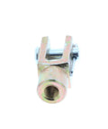 Beefy Three Eighths Inch Fine Thread Steel Clevis End With Pin And Cotter Key For Master Cylinder Or Booster Pushrod To Brake Pedal Arm Universal Fit Linkage Connector For Ride Ready Precise Adjustment And Reliable Pedal Hookup. front view of steel clevis end with pin and cotter key