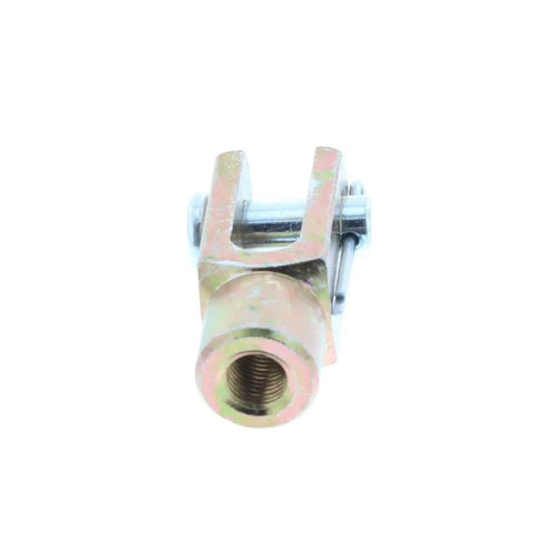 Beefy Three Eighths Inch Fine Thread Steel Clevis End With Pin And Cotter Key For Master Cylinder Or Booster Pushrod To Brake Pedal Arm Universal Fit Linkage Connector For Ride Ready Precise Adjustment And Reliable Pedal Hookup. front view of steel clevis end with pin and cotter key