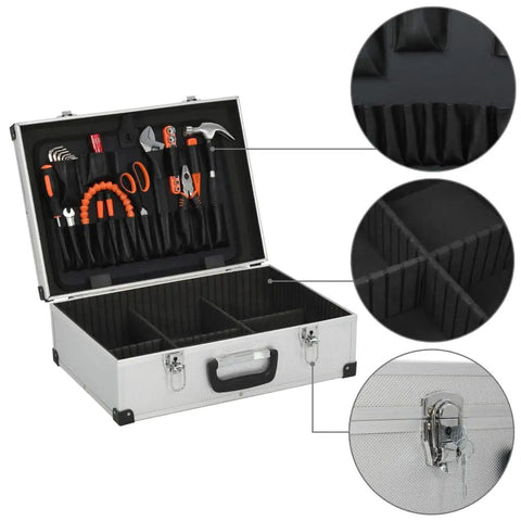 Hard Shell Aluminum Tool Case 18.1 By 13 By 6.3 Inch With 6 Adjustable Compartments And 17 Pockets open with tools