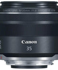 Black RF 35mm F1.8 Macro STM Lens for EOS R Series, showing front view, 0.5x Macro, 0.56 ft Minimum Focusing Distance, Control Ring visible.