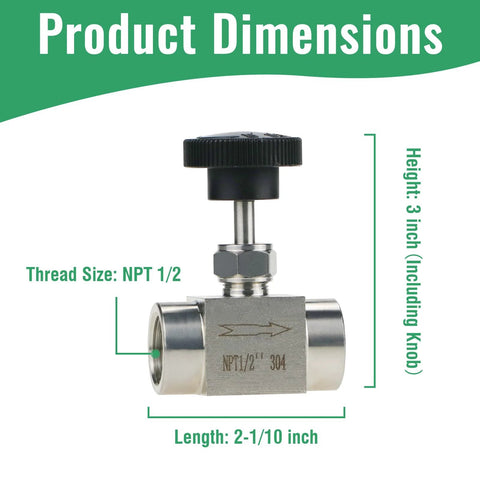 Dimensions of Stainless Steel Needle Valve 304 FNPT Half Inch Female Straight High Pressure Flow Control for Water Oil Gas Systems