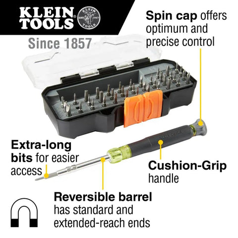 Pro Grade Precision Driver Kit With 39 Bit Multi Screwdriver And All In One Repair Tool For Apple Devices 2 Piece Set Magnetic Bits For Quick Pick Up Today shown with labeled features, reversible barrel, and cushion-grip handle.
