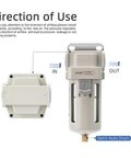 Heavy-Duty Air Line Filter With 3/8 NPT Port For Clean Air System AF3000-03, Pro Grade Compressor Dryer, showing airflow direction