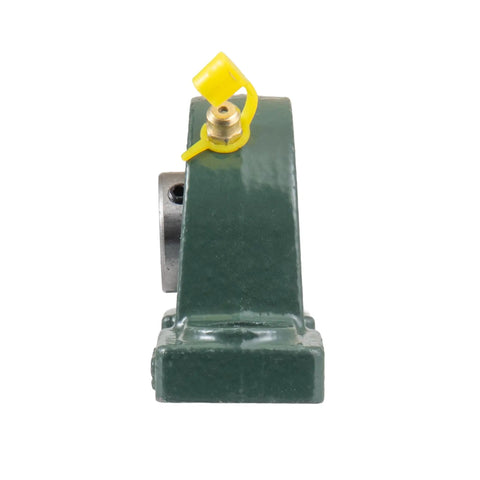 Four Pack Pillow Block Mounted Ball Bearings With One Half Inch Bore Self Aligning UCP201 8 Heavy Duty For Gearhead Shop Use 125 mm By 60 mm Block 95 mm Center To Center Hole Spacing Pre Lubricated Shop Ready, green pillow block bearing side view with yellow cap