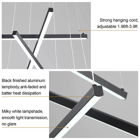 Close-up of Sleek Modern LED Chandelier With 5 Lights Black Linear Pendant Ceiling Light, adjustable cords, black aluminum body
