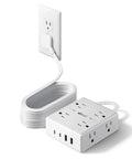 12 In 1 Surge Protector Power Strip With 15 Ft Flat Plug, 8 AC Outlets, 2 USB-C Ports, 2 USB-A Ports, 4-Side Design To Prevent Outlet Blockage, Overload Protection, Power Up Your Home Office And Entertainment Setup white power strip with flat plug and coiled cord