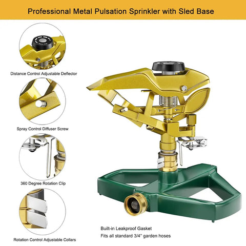 Heavy Duty Metal Pulsating Impact Lawn Sprinkler With Zinc Base, all metal construction, adjustable for large lawns and yards.