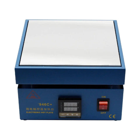 Pro Grade 850W Soldering And Desoldering Station with digital preheat hot plate, LCD display and power switch, front view.
