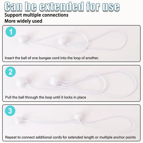 Go To 30 Pack Ball Bungee Cords For Camping And Canopy Tarp Shelter step-by-step connection instructions with white cords