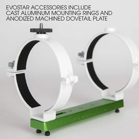 Sky Watcher EvoStar 120 APO Doublet Refractor Portable Optical Tube mounting rings and dovetail plate.