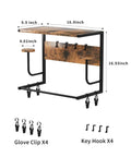 Wall Mounted Motorcycle Helmet Rack With Four Hooks And Glove Clips in rustic ironwood style, showing dimensions and accessories.