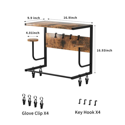 Wall Mounted Motorcycle Helmet Rack With Four Hooks And Glove Clips in rustic ironwood style, showing dimensions and accessories.