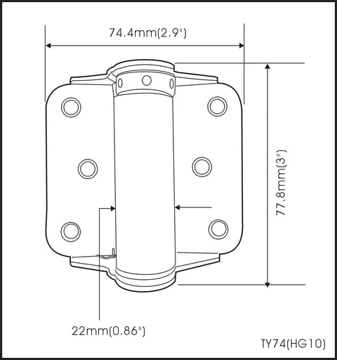 Adjustable Spring Hinge Set For DIYers, 3 Inch Zinc, With Stainless Steel Screws, No Mortise Required, Cold Rolled Steel, Front View Diagram