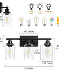 Diagram showing dimensions of 3 Light Black Vanity Light Fixture With Clear Glass Shades For Bathroom Mirror Living Room Bedroom Kitchen Hallway