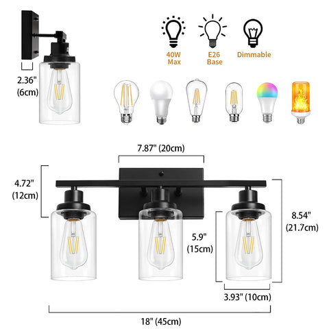 Diagram showing dimensions of 3 Light Black Vanity Light Fixture With Clear Glass Shades For Bathroom Mirror Living Room Bedroom Kitchen Hallway