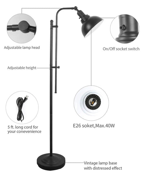 Industrial Floor Lamp For Living Rooms And Bedrooms, Rustic Farmhouse Standing Reading Lamp With Adjustable Metal Heads, Indoor Task Lighting For Home Office Deco In Black Finish