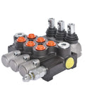 waltyotur Monoblock hydraulic directional control valve, front view, 3-spool, 13 GPM, SAE ports, black body with orange caps