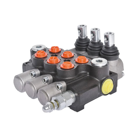 waltyotur Monoblock hydraulic directional control valve, front view, 3-spool, 13 GPM, SAE ports, black body with orange caps