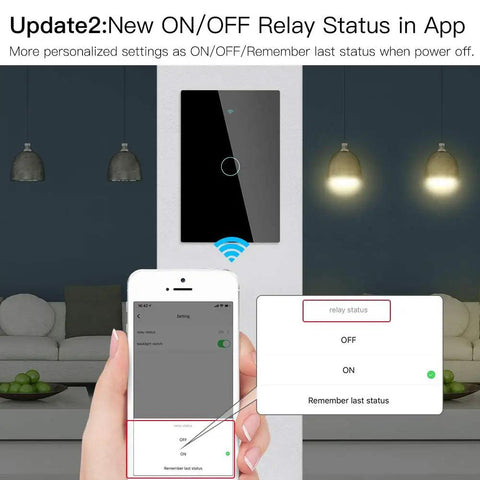 WiFi Smart Wall Light Switch With Glass Panel, No Fuss 2.4GHz Remote Control, smartphone app interface for light control