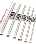 Stainless steel fully threaded rods with nuts and washers, 250 mm long, assorted metric sizes M16 to M6.