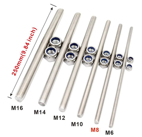Stainless steel fully threaded rods with nuts and washers, 250 mm long, assorted metric sizes M16 to M6.