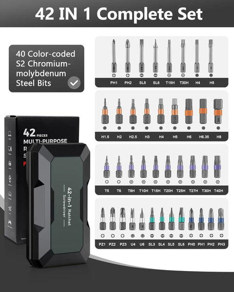 Magnetic Ratchet Screwdriver Set With 40 Precision Bits And 42 In 1 DIY Tool Kit showing bit assortment and storage case