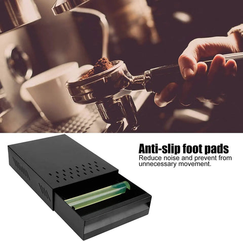 Sleek Stainless Steel Coffee Knock Box Featuring A Detachable Drawer Removable Rubber Knock Bar And Steady Non Slip Pads For Quick Home Espresso Cleanup with anti-slip foot pads.