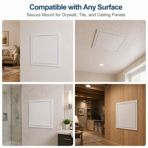 No Sweat Heavy Duty Metal Access Panel For Drywall Wall And Ceiling Concealed Hole Cover Paintable White Access Door For Attic Basement Bath 30X32 Inch displayed in various home settings.