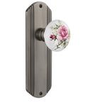 Retro Deco Door Plate Set With White Rose Porcelain Knob, Double Dummy In Antique Pewter Finish, Solid Brass Plates