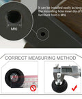 M10 threaded opening of a black furniture leveling foot, measuring method demonstrated for Four Pack Heavy Duty Furniture Leveling Feet With Round Base Screw On Glides For Tables And Chairs Lock Tight Stability And Smooth Glide Action Solid Build That Goes Hard In Black And Silver.