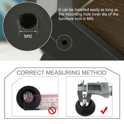 M10 threaded opening of a black furniture leveling foot, measuring method demonstrated for Four Pack Heavy Duty Furniture Leveling Feet With Round Base Screw On Glides For Tables And Chairs Lock Tight Stability And Smooth Glide Action Solid Build That Goes Hard In Black And Silver.