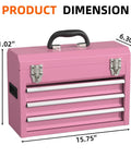 Heavy Duty Metal Tool Chest With Drawers Pink Powder Coated Finish Portable And Secure Garage And Home Storage Scratch Absorbing Liner Drawers Rugged Tool Organizer For Pros And Diyers On The Go front view with dimensions.