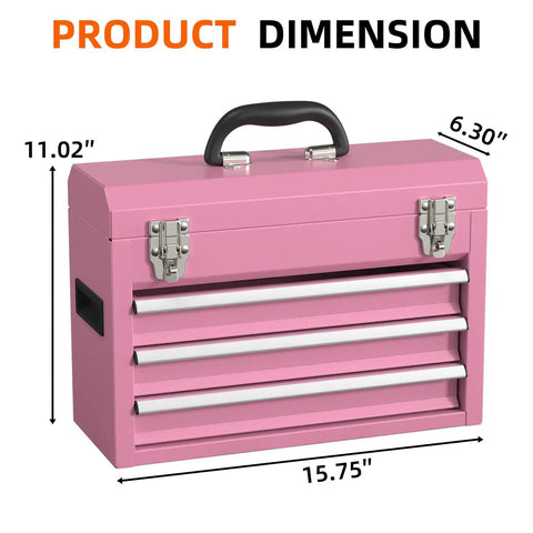 Heavy Duty Metal Tool Chest With Drawers Pink Powder Coated Finish Portable And Secure Garage And Home Storage Scratch Absorbing Liner Drawers Rugged Tool Organizer For Pros And Diyers On The Go front view with dimensions.