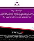 Advantage Industries logo and SafeTech Hardware promotional text highlighting gate hardware specialization.