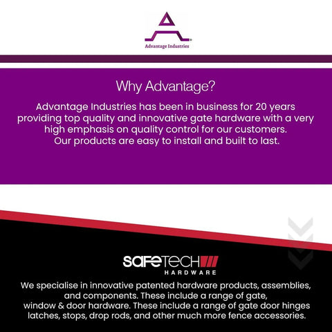 Advantage Industries logo and SafeTech Hardware promotional text highlighting gate hardware specialization.