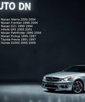 Grey sedan displayed in showroom with list of compatible vehicles including Nissan Frontier, Pathfinder, Pickup, Honda S2000, Infiniti Q45.