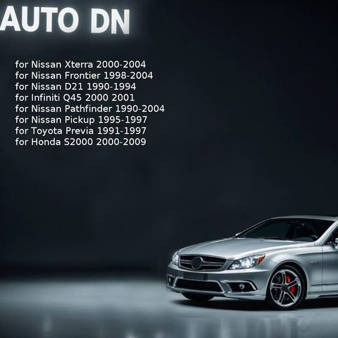 Grey sedan displayed in showroom with list of compatible vehicles including Nissan Frontier, Pathfinder, Pickup, Honda S2000, Infiniti Q45.