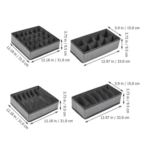 Four Piece Slick Underwear Storage Organizers Featuring Nifty Grid Layouts For Foldable Oxford Fabric Drawer Bins and Wardrobe Packing Boxes.