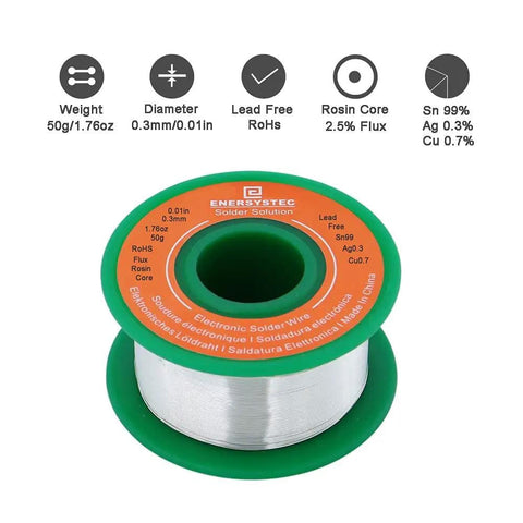 Ultra Thin Solder Wire 0.01 Inch 0.3 mm Rosin Core Flux Lead Free Sn99 Ag0.3 Cu0.7 50G spool in green holder