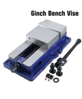 6 Inch Hardened Steel Milling Machine Bench Vise With Lock Down Clamps, gray iron, shop-ready, includes accessories.